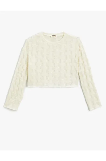 سويتشيرت قصير بياقة دائرية بأكمام طويلة 