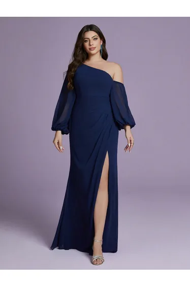 Leely Plus Women's Elegant Asymmetrical Neck Bishop Sleeve Party Dresses