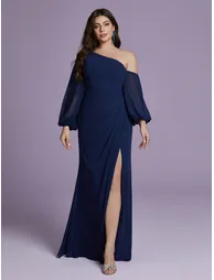 Leely Plus Women's Elegant Asymmetrical Neck Bishop Sleeve Party Dresses