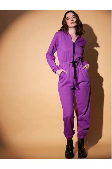 V Neck Fleece Basic Jogger Fit Jumpsuit
