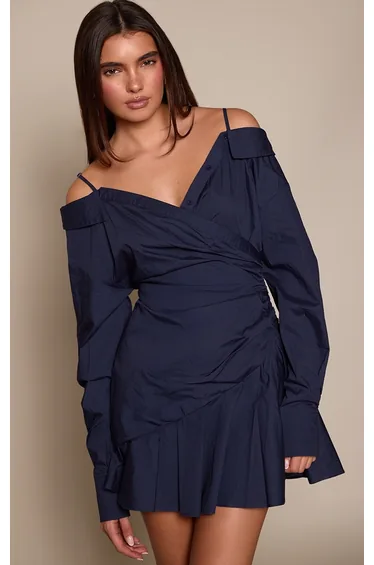 فستان بريتي ليتل ثينق قميص كحلي قصير على شكل حرف A بلا أكتاف