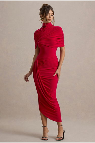 Enchant | Red Asymmetric Twisted Cape Dress