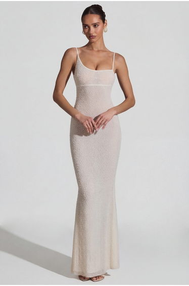Embellished Backless Maxi Dress in White