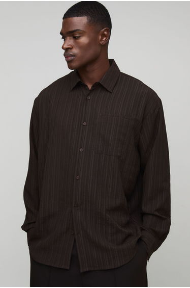 Oversized Textured Pleated Shirt - chocolate