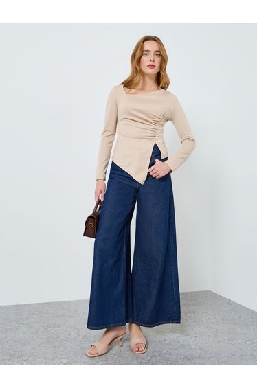 Beige Asymmetric Long Sleeve Top