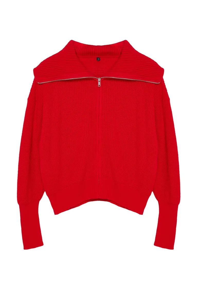 Red Turn-down Collar Zippered Knitted Cardigan - 2