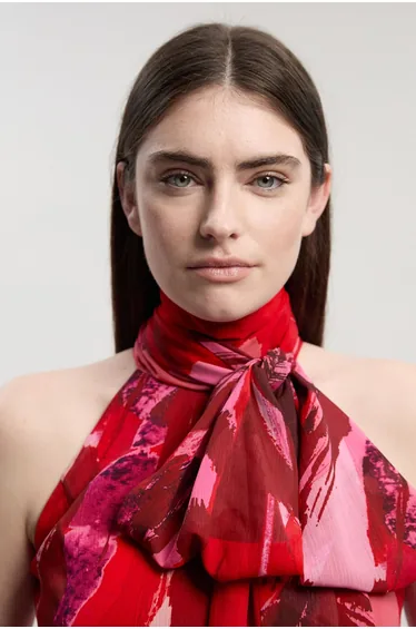 Petite Photographic Floral Crinkle Georgette Sleeveless Tie Neck Woven Top