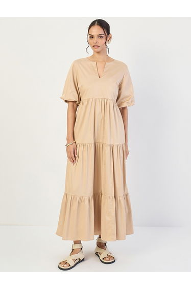 Beige Cotton Puff Sleeve Tiered Maxi Dress