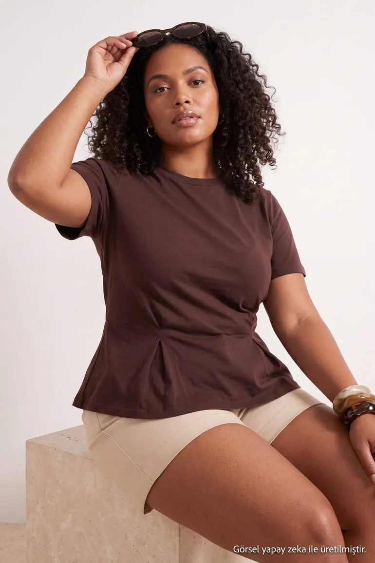 Brown Peplum Short Sleeve 100% Cotton Knitted Blouse - 3