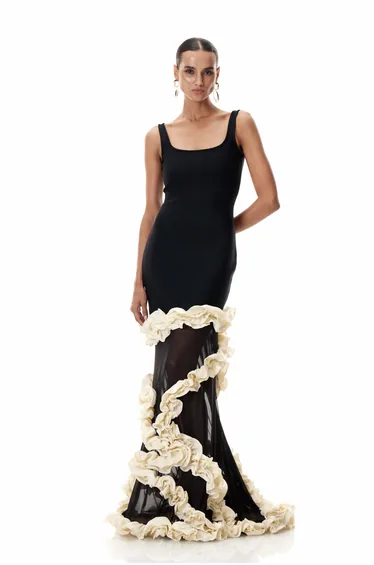 Beckah Mesh Ruffle Asymmetric Maxi Dress