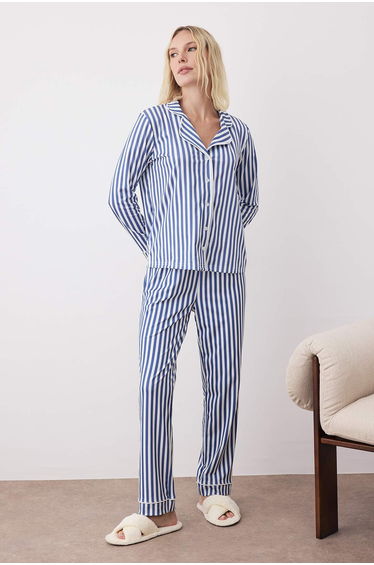 Dark Blue Striped 30/1 open-end jersey Knitted Pajama Set