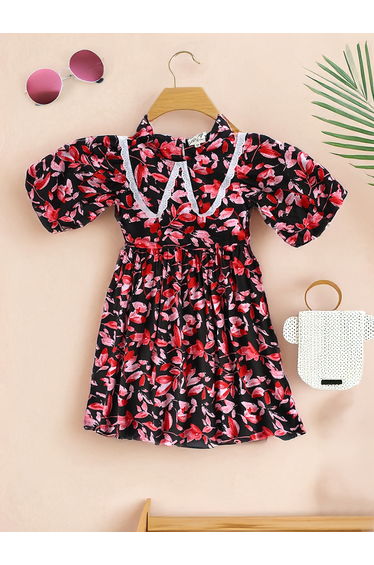 Floral Print Balloon Sleeves Knee-Length Dress