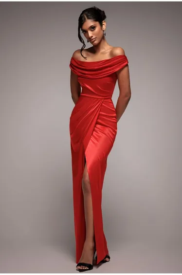 Goddiva Cowl Bardot Satin Twill Maxi Dress - Red