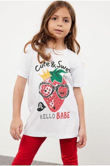 White Girl's Short Sleeve Strawberry Patterned Crew Neck Knitted T-Shirt