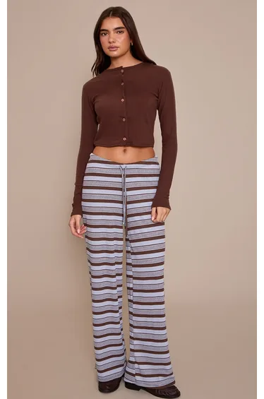 Blue Textured Stripe Drawstring Wide Leg Trouser