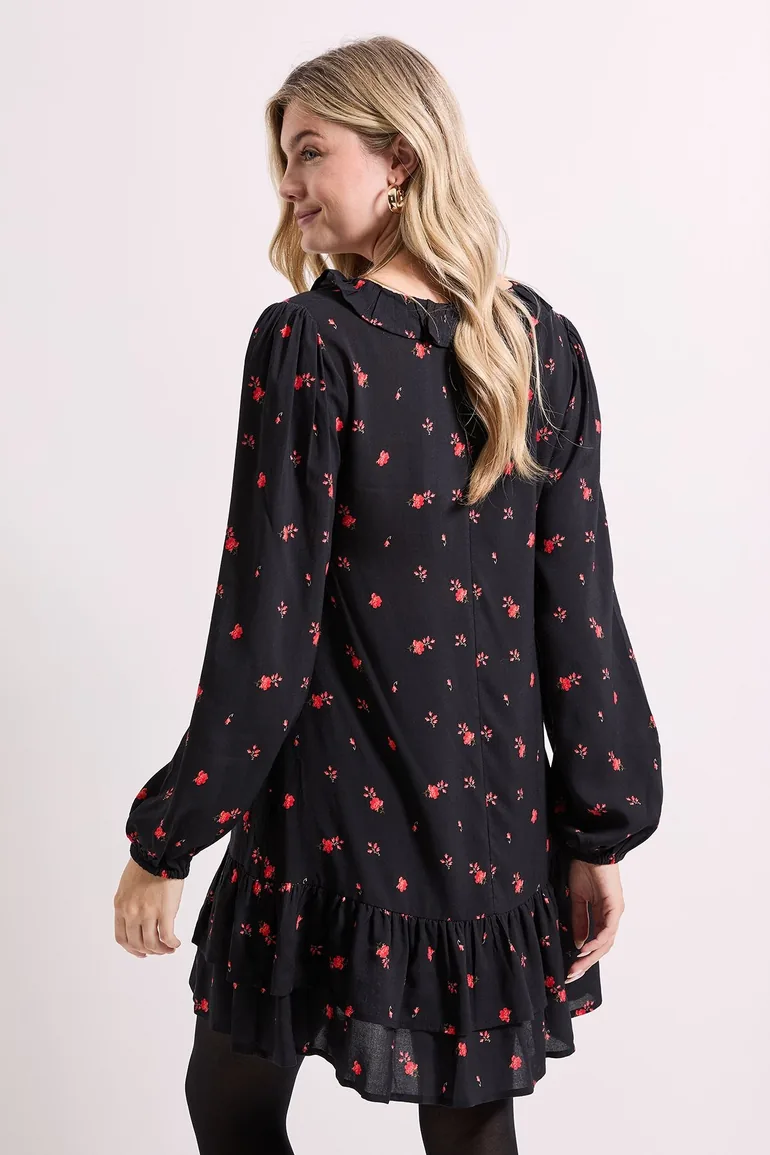 Ditsy Floral Collar Detail Blouson Sleeve Tiered Mini Dress - 3
