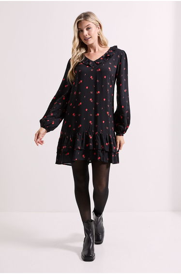 Ditsy Floral Collar Detail Blouson Sleeve Tiered Mini Dress