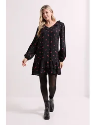 Ditsy Floral Collar Detail Blouson Sleeve Tiered Mini Dress