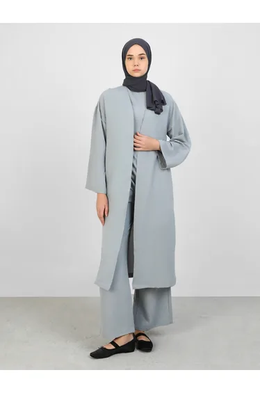 Grey Sleeveless Ruched Top with Kimono and Trousers Co-Ords