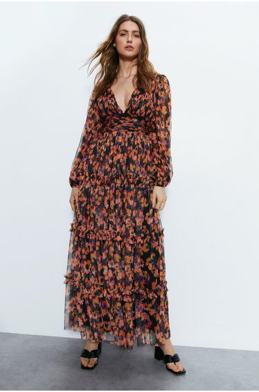 Floral Tulle Balloon Sleeve Tiered Maxi Dress
