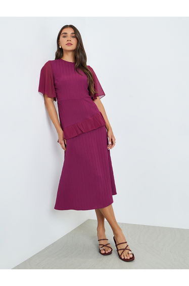 Women Magenta Ruffled Sleeves A-Line Midi Dress
