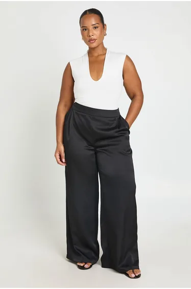 Plus Satin Wide Leg Trousers - black