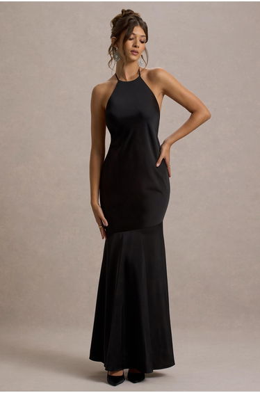 Frida | Black Satin Halter-Neck Backless Maxi Dress