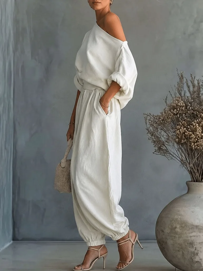 Half Sleeves Loose Solid Color One-Shoulder - 6
