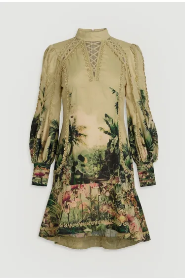 Botanical Print Woven High Neck Mini Dress