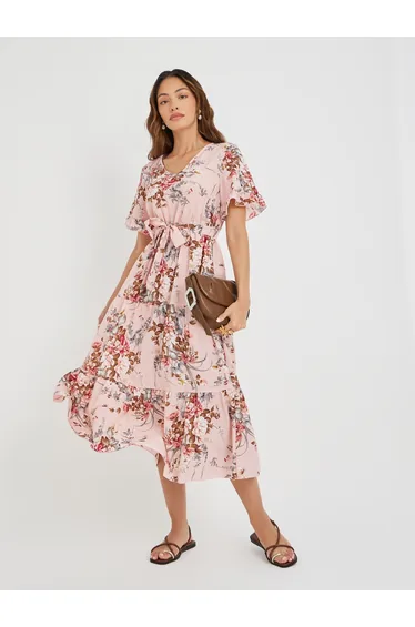 فستان ميدي نسائي بربطة خصر بتصميم بشكل A بحواف كشكش بطبعة أزهار - زهري