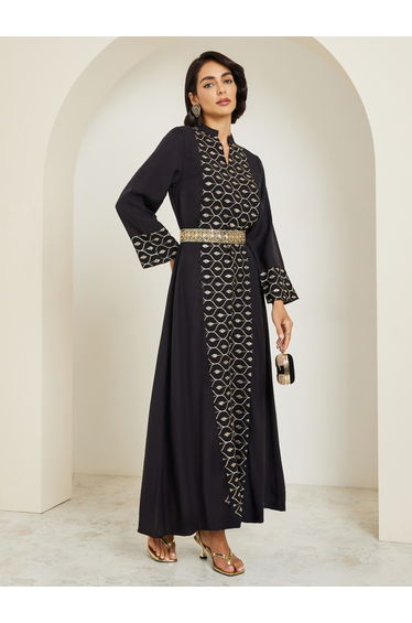 Women Black Embroidered Front Panel Belted Jalabiya