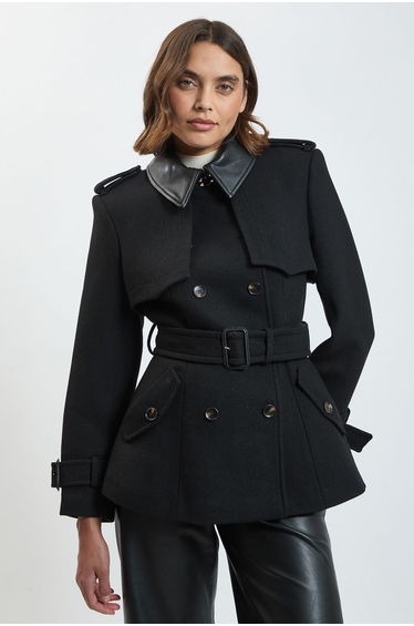 Wool & Faux Leather Detail Short Pea Coat
