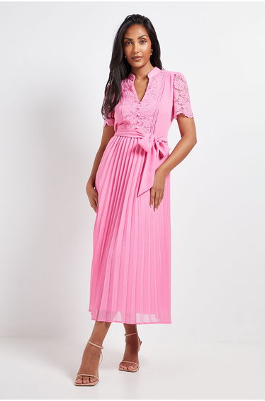 Petite Lace Collarless Pleated Midi Dress