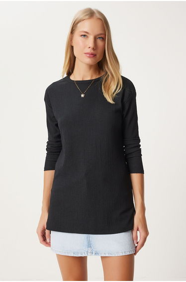 Women's Black Patterned Long Sleeve Knitted Top