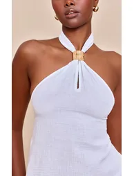 White Lightweight Woven Halterneck Trim Detail Top - 5