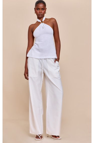 White Lightweight Woven Halterneck Trim Detail Top