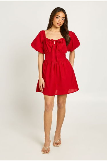 Linen Look Volume Sleeve Mini Dress - red