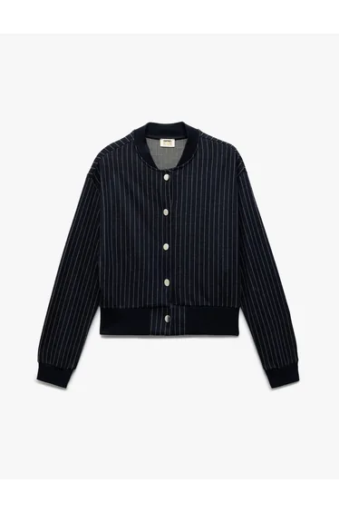 Long Sleeve Snap Closure Viscose Fabric Striped School Jacket