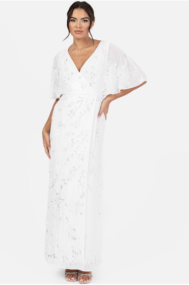Maya Bridal White Floral Motif Cape Sleeve Faux Wrap Maxi Dress