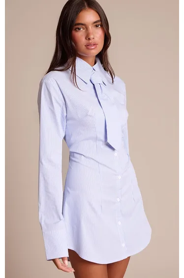 Blue Pinstripe Tie Detail Button Down Shirt Dress