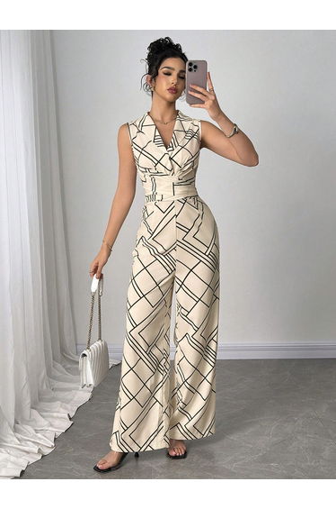 Geometric Print Sleeveless Flared Jumpsuit