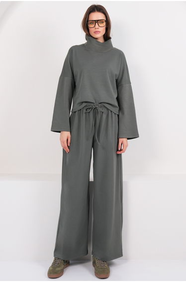 Women's Khaki Turtleneck Oversized Blouse and Double Pocket Palazzo Pants Set