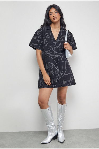 Tony Printed Boxy Denim Mini Dress With Pockets