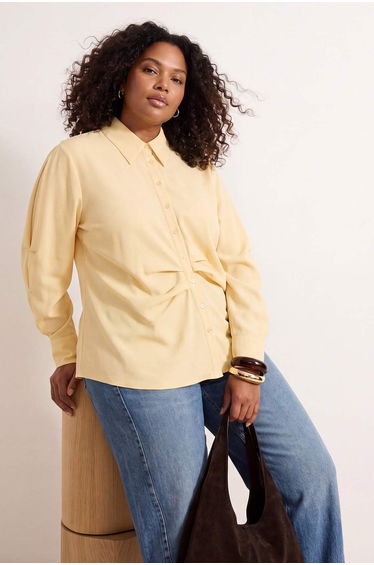 Yellow Balloon Sleeve Detailed Asymmetrical Fitted Shirt