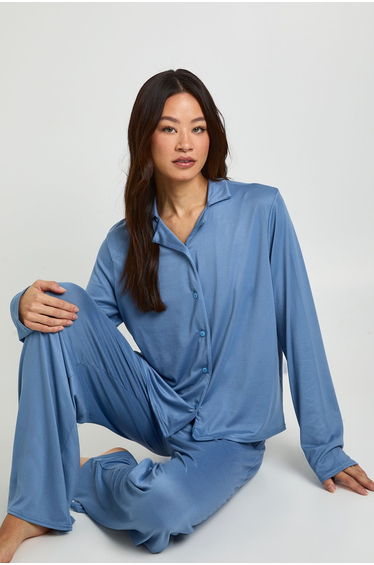 Tall Long Sleeve Shirt & Trousers Pyjama Set - dusty blue