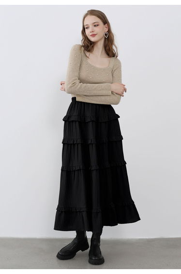 Ruffle Tiered Stripe Texture Maxi Skirt in Black