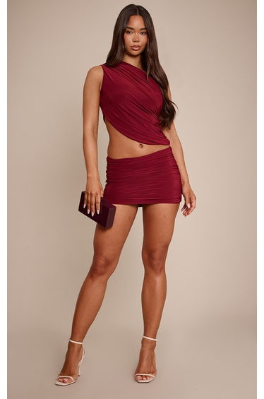 Dark Wine Slinky Ruched Mini Skirt