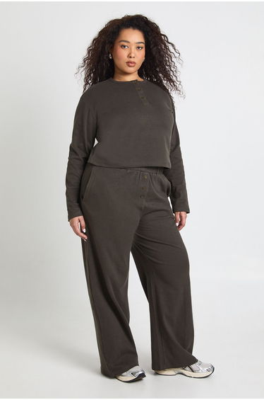 Plus Cotton Button Through Crew Neck Top & Trouser Co Ord - charcoal