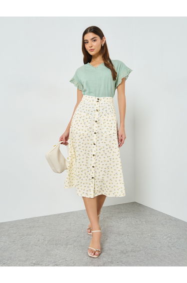 Beige Ditsy Print Buttoned Front Midi Skirt