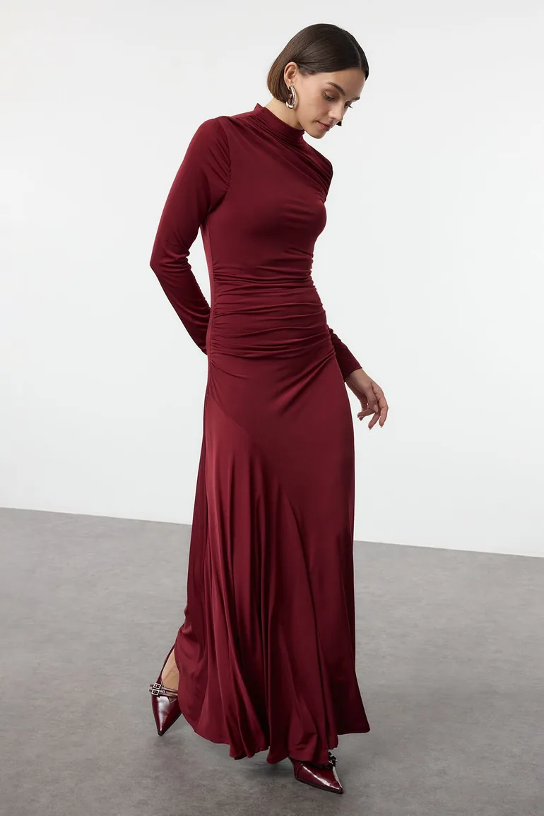 maxi dress wrap Elegant Mock Neck Black Satin Wrap Tie-Up Open Back Maxi Dress L / Black